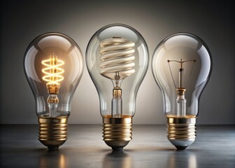 Three Distinct Light Bulbs Displayed on a Minimalist Grey Background Showcasing Varied Designs and Features for a Modern Home Lighting Concept