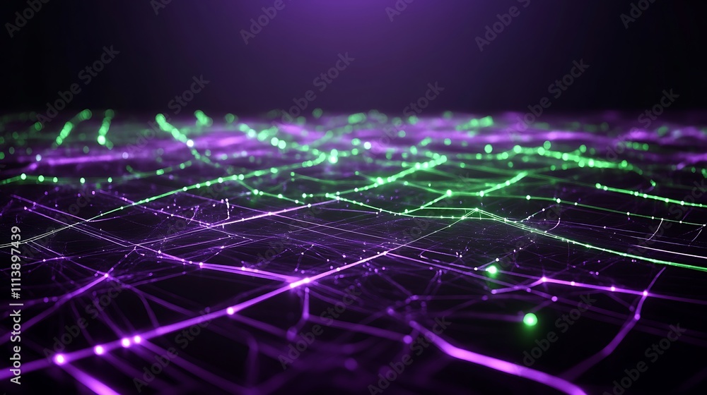 Poster abstract digital network visualization with glowing lines and points in green and purple hues