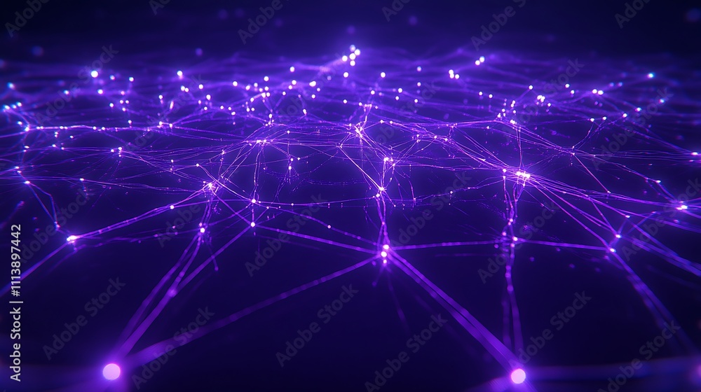 Poster abstract digital network visualization with purple lights and lines on a dark background