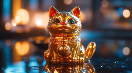 A golden feng shui fortune cat statue with a waving paw, symbolizing luck and prosperity