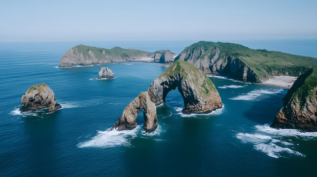 Stunning coastal landscape with natural rock formations ocean view aerial shot