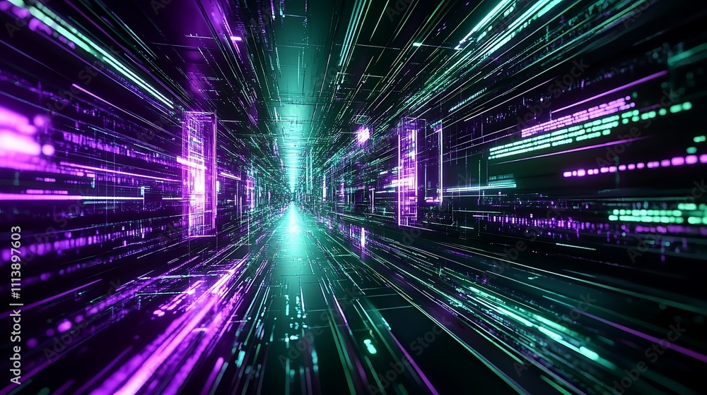 Poster abstract digital network with vibrant colors, glowing lines, and futuristic elements in motion for t