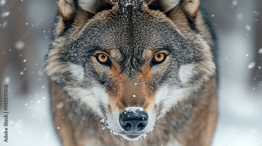 Wall mural Close-up portrait of a wolf staring intensely at the camera.