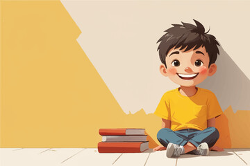 Happy smile boy sitting with books near yellow wall vector illustration