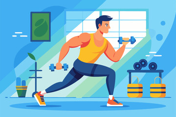 Man doing exercise workout at home. Sport guy fitness training vector illustration