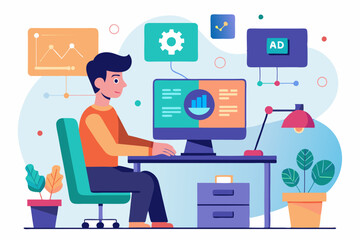 Kid programmer work on computer vector illustration