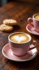 Valentine's Day coffee shop menu mockup, coffee cup with foam heart on wooden table, heart-shaped cookie. Empty space for text.