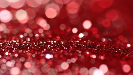 Festive red glitter background with sparkling bokeh lights. Christmas or New Year abstract texture. Template for holiday greeting cards, banners, or party invitations.