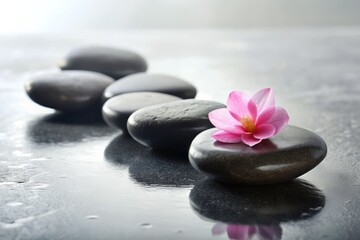 Tranquil Arrangement of Smooth Spa Stones and a Delicate Pink Flower on a Textured White Surface for a Serene Spa Atmosphere