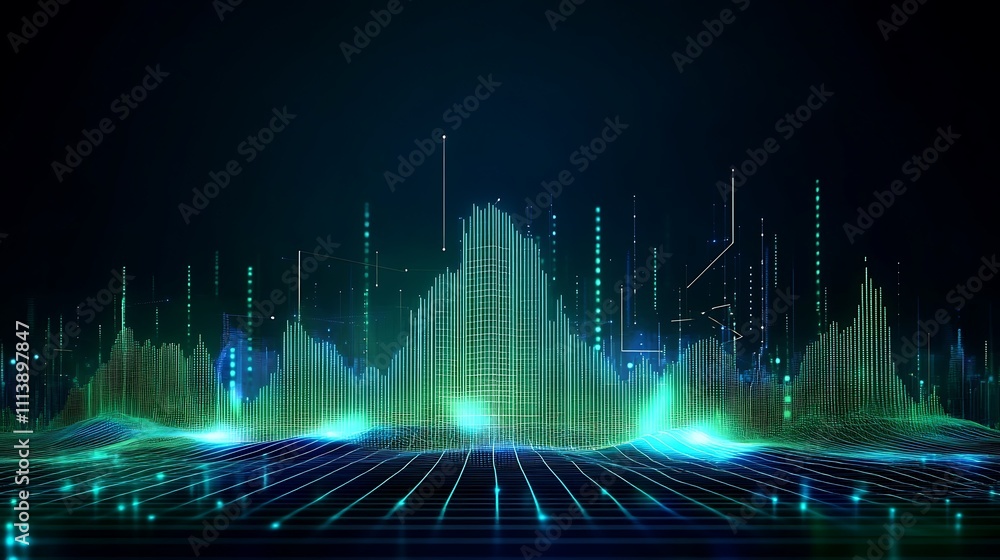 Poster abstract digital sound waves visualization with glowing blue and green elements on a dark background