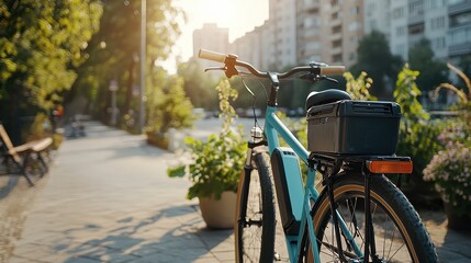 Battery replacement tools. Bicycle parked on a sunlit urban pathway with greenery in the background.