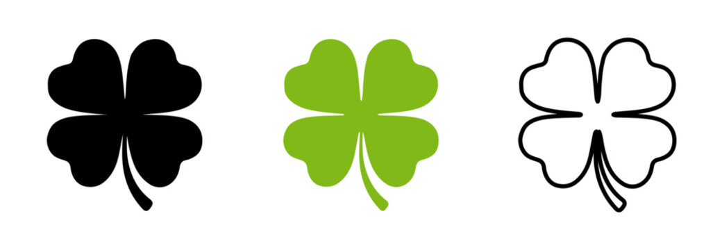 Four-leaf clover icon set. A symbol of good luck, fortune. Black and green colors. Isolated on a white background. Editable stroke.
