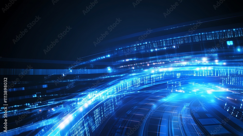 Poster abstract digital technology background with glowing lights and data streams in blue tones for modern