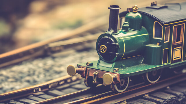 Vintage steam train model on tracks indoor setting hobby enthusiast viewpoint