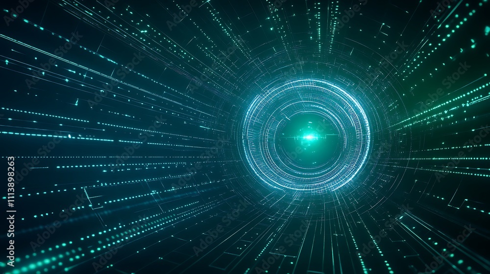 Poster abstract digital tunnel with glowing circuits and light rays in futuristic technology environment