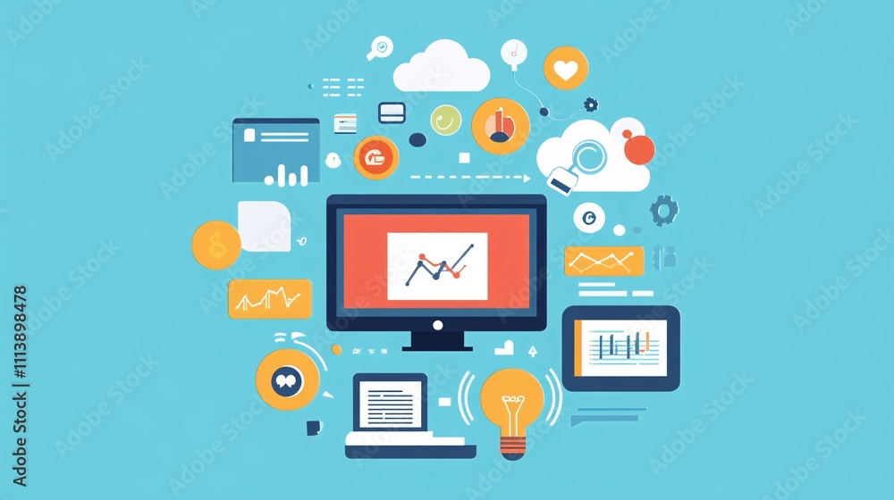 Poster Computer, tablet, light bulb and cloud computing icons showing innovation and growth