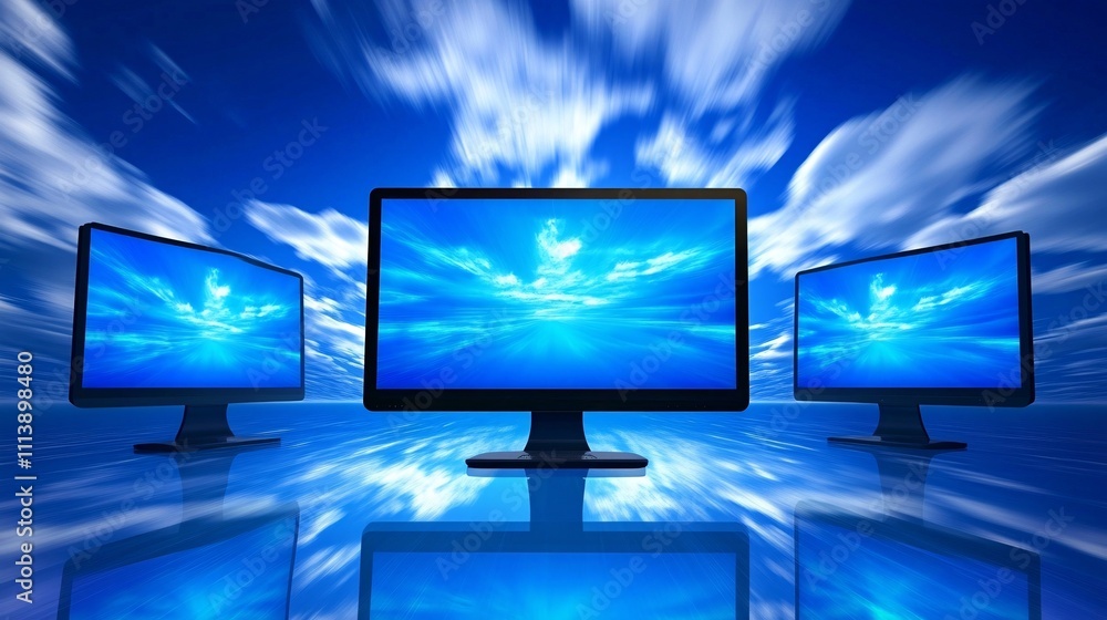 Aufkleber three computer monitors showing blue sky reflecting on surface