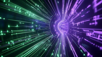 Fototapeta premium Abstract digital tunnel with glowing lines in green and purple colors, representing technology and motion