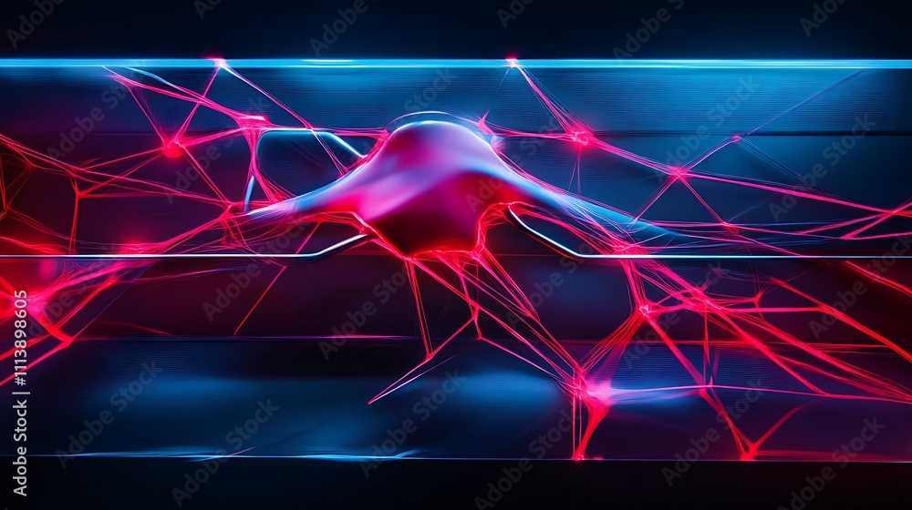 Poster abstract digital visualization of neural connections with glowing red and blue elements in a futuris