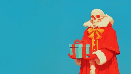 Obraz premium Skeleton dressed as Santa holding a wrapped gift with a bow on blue background and copy space, creative Christmas and holiday concept, ideal for alternative seasonal designs