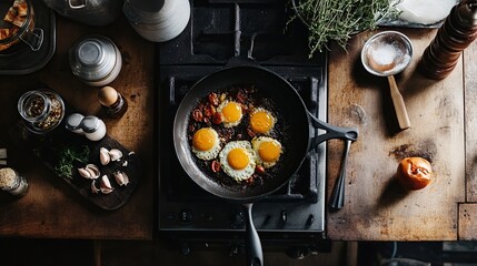 Overhead view of fried eggs with tomatoes in a cast iron skillet on a rustic kitchen counter.
