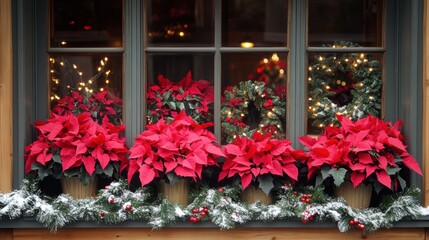 Holiday flower shop display with poinsettias and pine wreaths