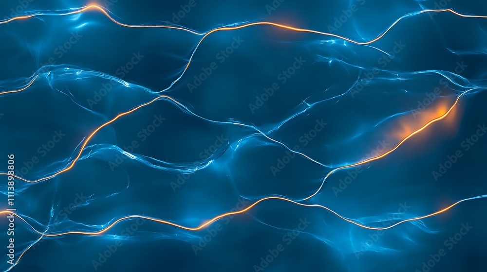 Poster abstract digital water surface with blue and orange glowing waves creating a modern background textu