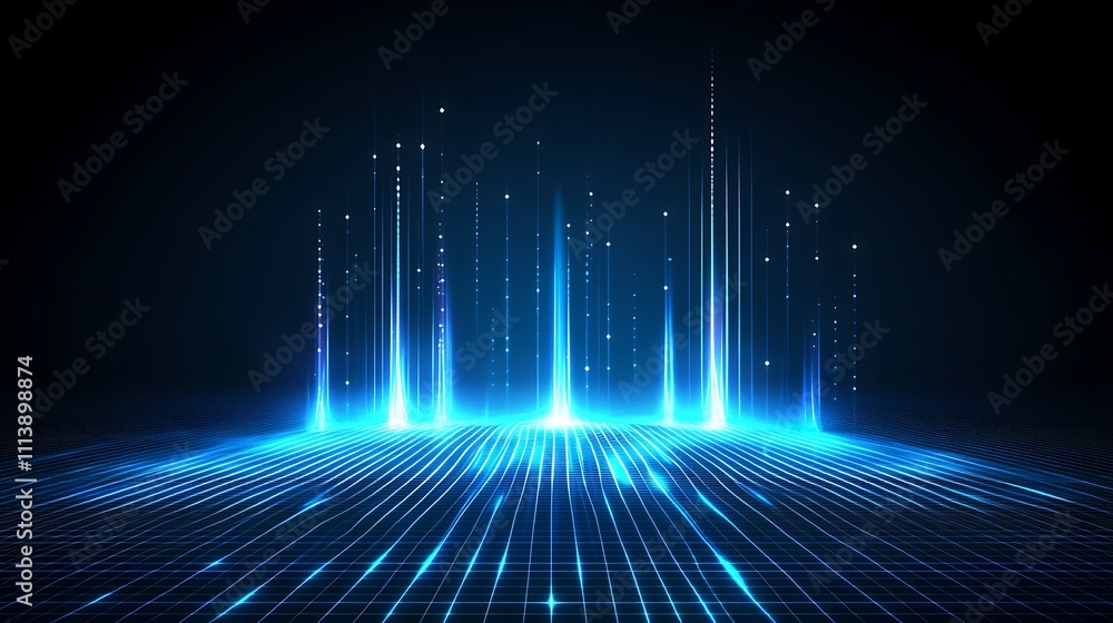 Poster abstract digital visualization with bright glowing blue lines and dots on a dark gradient background