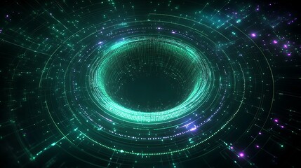 Obraz premium Abstract Digital Vortex with Glowing Particles and Light Trails in Green and Purple Colors