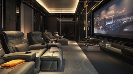 Fototapeta premium Luxurious home theater with leather reclining chairs with large projection screen AI generated image
