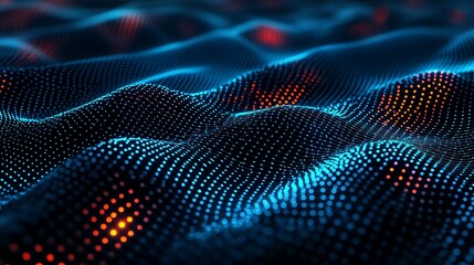 Fototapeta premium Abstract Digital Wave Form with Dots in Blue and Red Colors on Dark Background Representing Data Visualization