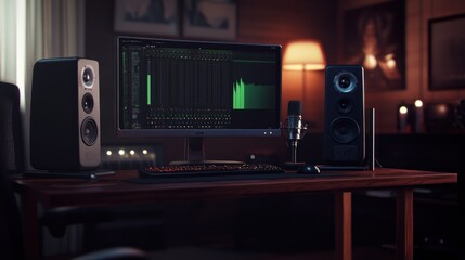 Fototapeta premium Night Studio Setup: Professional Music Production Workspace