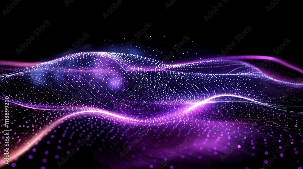 Poster abstract digital wave of purple light particles in motion creating a mesmerizing fluid design