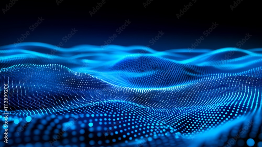 Aufkleber abstract digital wave pattern in blue and black tones with glowing dots and smooth curves for techno