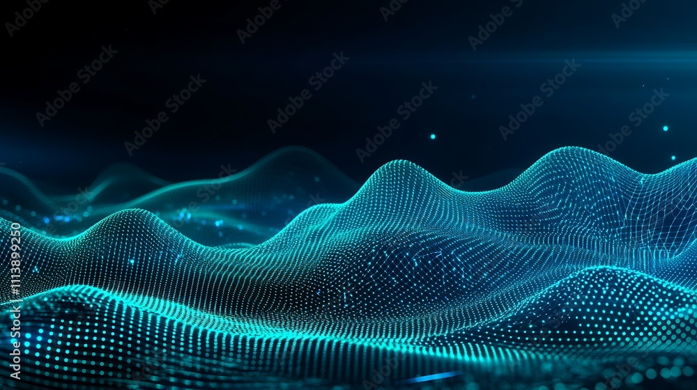 Poster abstract digital wave pattern with glowing dots and lines creating a futuristic landscape interactio