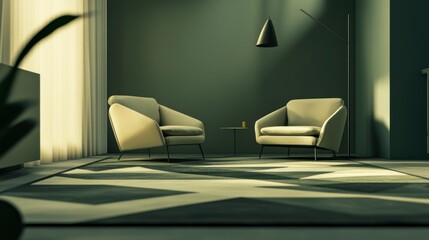 Modern minimalist living room with two armchairs and a geometric rug