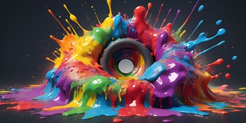 Colorful paint splash around a paint can in vibrant hues on dark background, splatter panorama