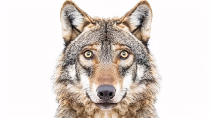 Fototapeta premium Portrait of a Surprised Wolf: Close-up, isolated on a white background.