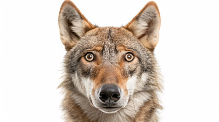 Fototapeta premium Portrait of a Surprised Wolf: Close-up, isolated on a white background.