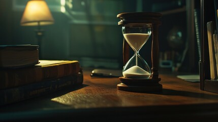 An hourglass on a desk surrounded by books and light