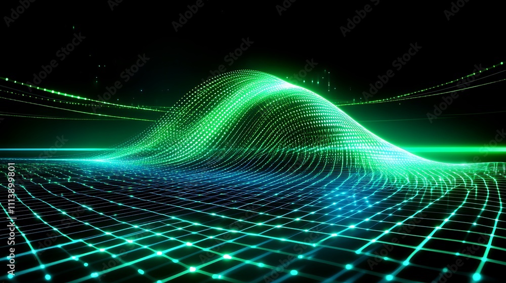 Poster abstract digital wave with green neon lights and 3d grid pattern in dark background for tech concept