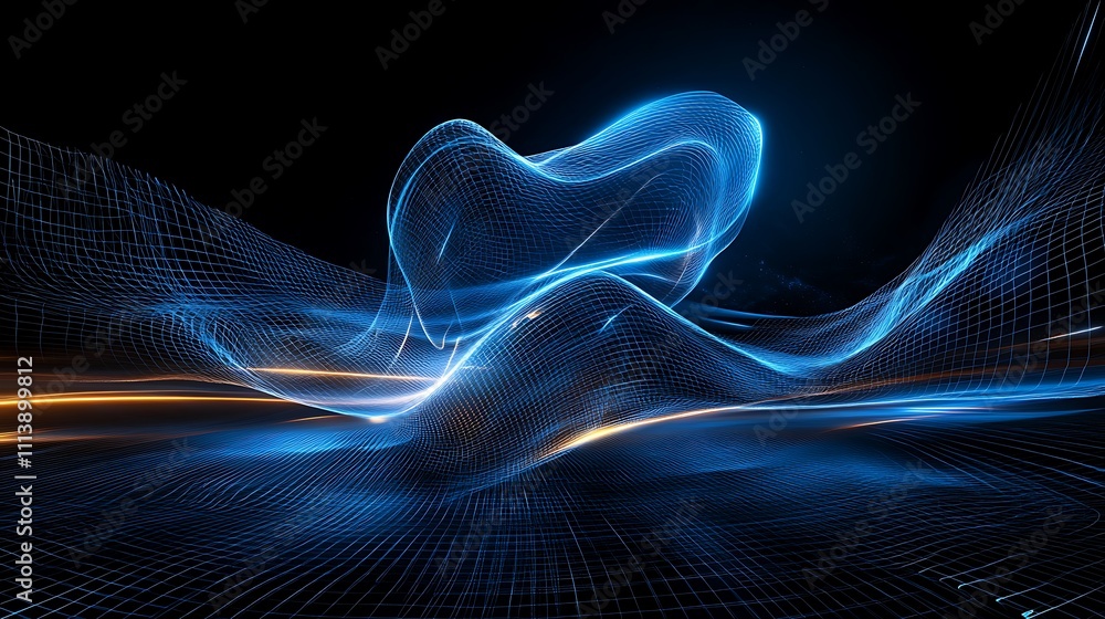 Poster abstract digital waveform art in glowing blue light with dynamic formations and fluid movement