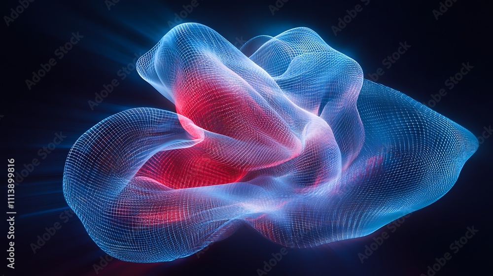 Poster abstract digital waveform in vibrant blue and red colors with mesh elements and dynamic light effect