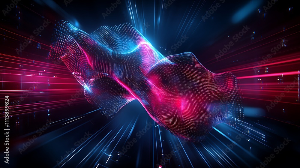 Poster abstract digital waveform visualization with red and blue light effects in a dark background