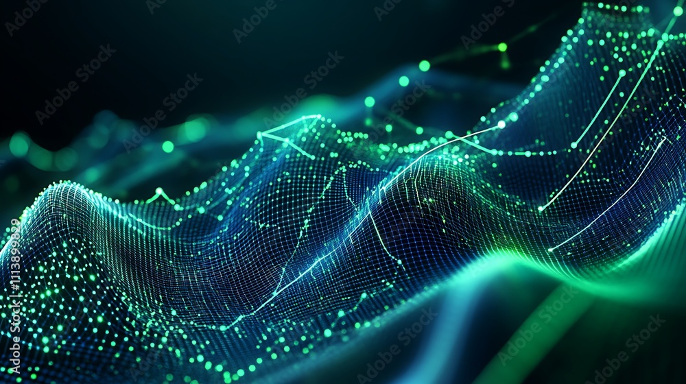 Poster abstract digital waveform representation with data points and glowing lines in green and blue color 
