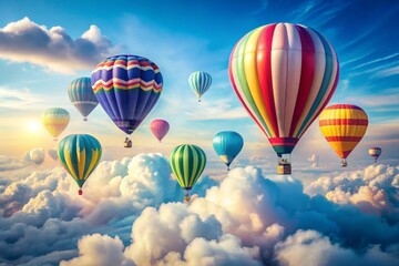 Obraz premium Vibrant Watercolor Hot Air Balloons in a Minimalist Landscape: A Serene Sky Filled with Colorful Floating Artistry Capturing the Essence of Freedom and Adventure in the Air