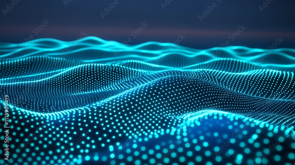 Poster abstract digital waves in blue and teal colors with glowing dots and soft curves illustrating motion