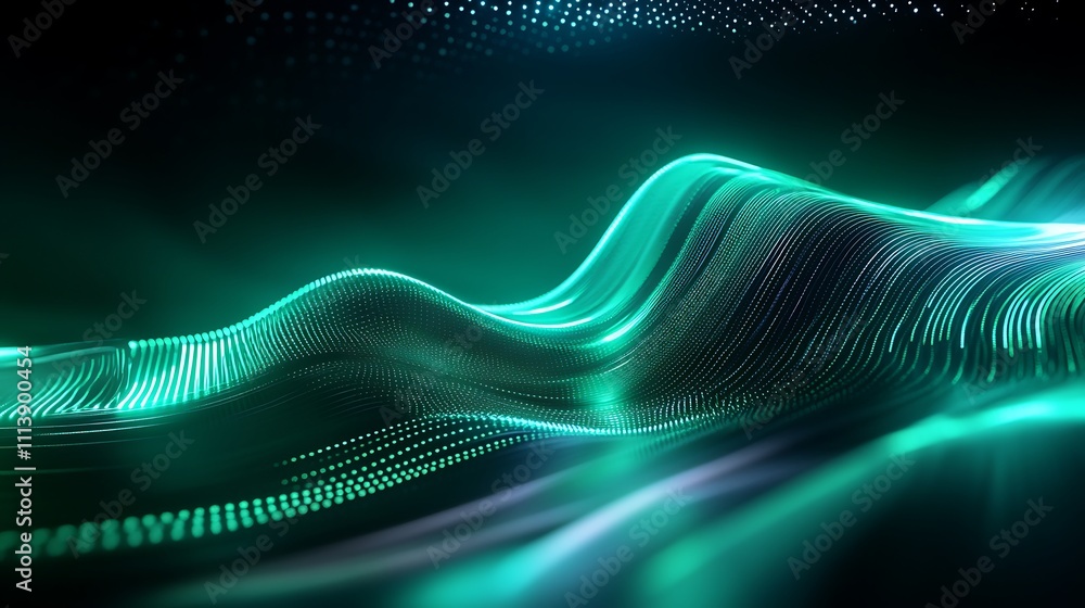 Poster abstract digital waves in green and blue hues creating a dynamic and mesmerizing visual flow