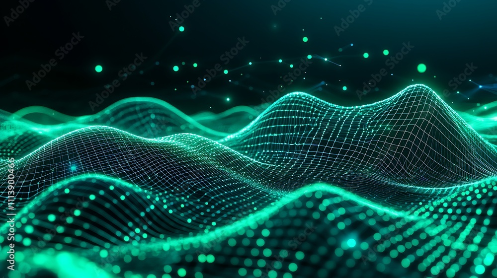 Poster abstract digital waves in neon green light with glowing particles and mesh grid background