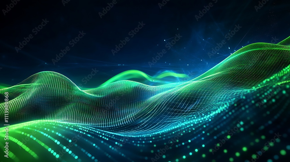 Poster abstract digital waves of green and blue light creating a mesmerizing flowing pattern in a dark back